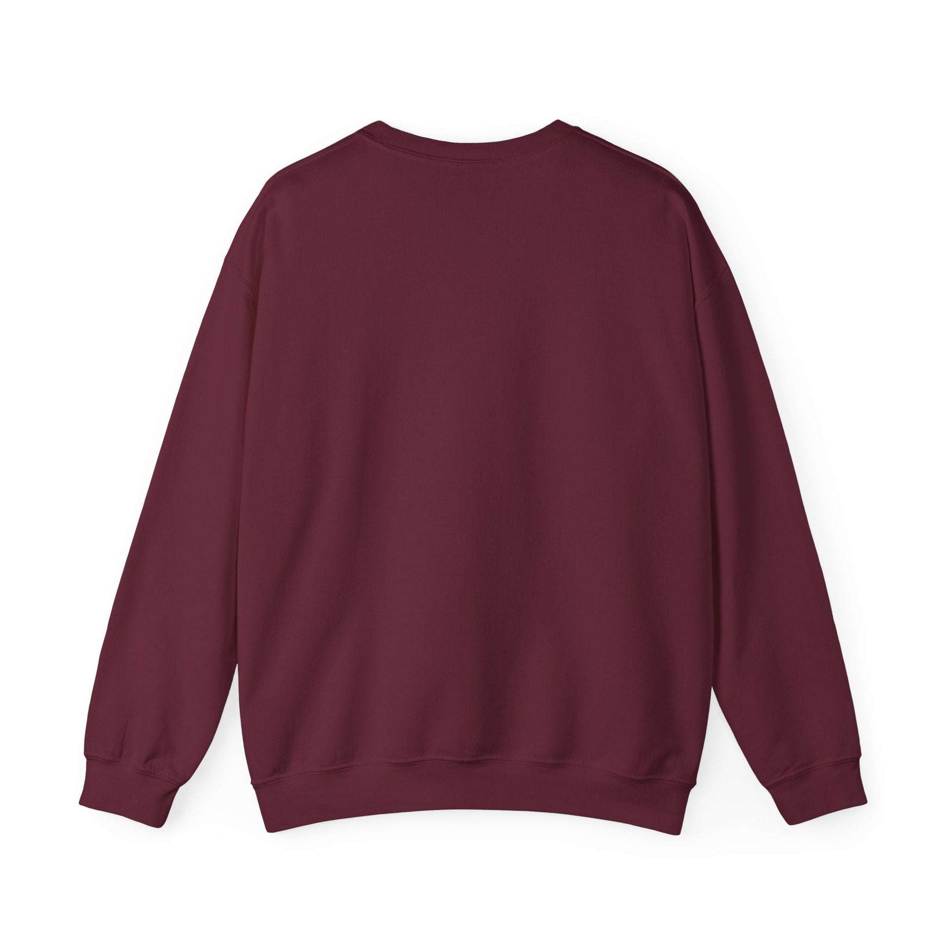 Back view of Women’s Christmas Wine Sweatshirt in burgundy, cozy crewneck ideal for holiday outfits and winter wardrobe layering.
