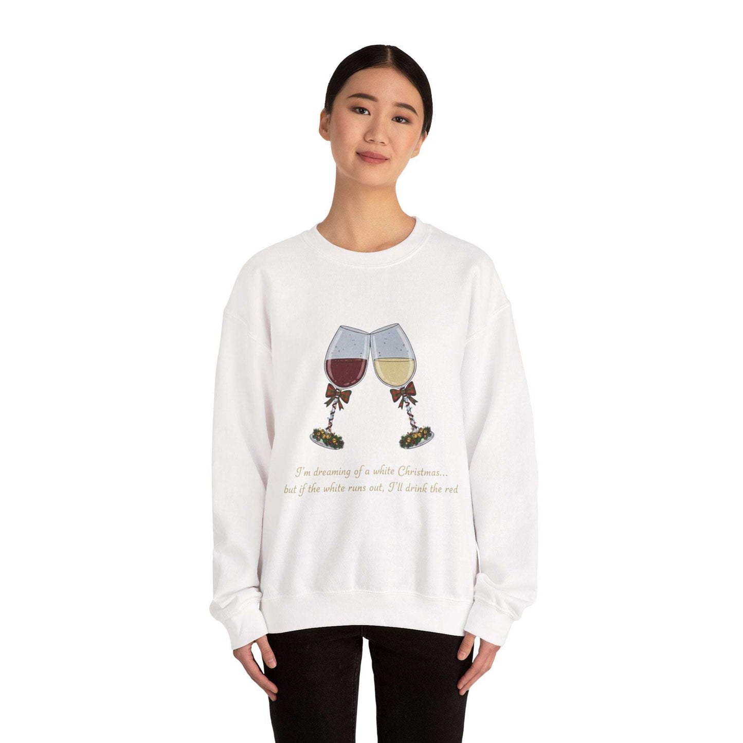 Women’s Christmas Wine Sweatshirt - Holiday Toast | Cozy Crewneck featuring embroidered wine glasses clinking with festive mistletoe design.