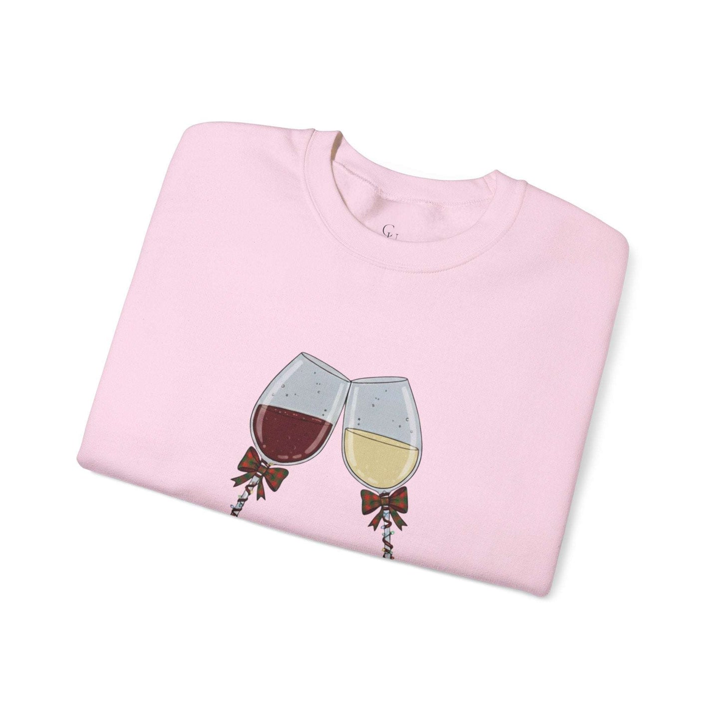 Women’s Christmas Wine Sweatshirt in pink featuring embroidered red and white wine glasses with festive bows, perfect for holiday celebrations.