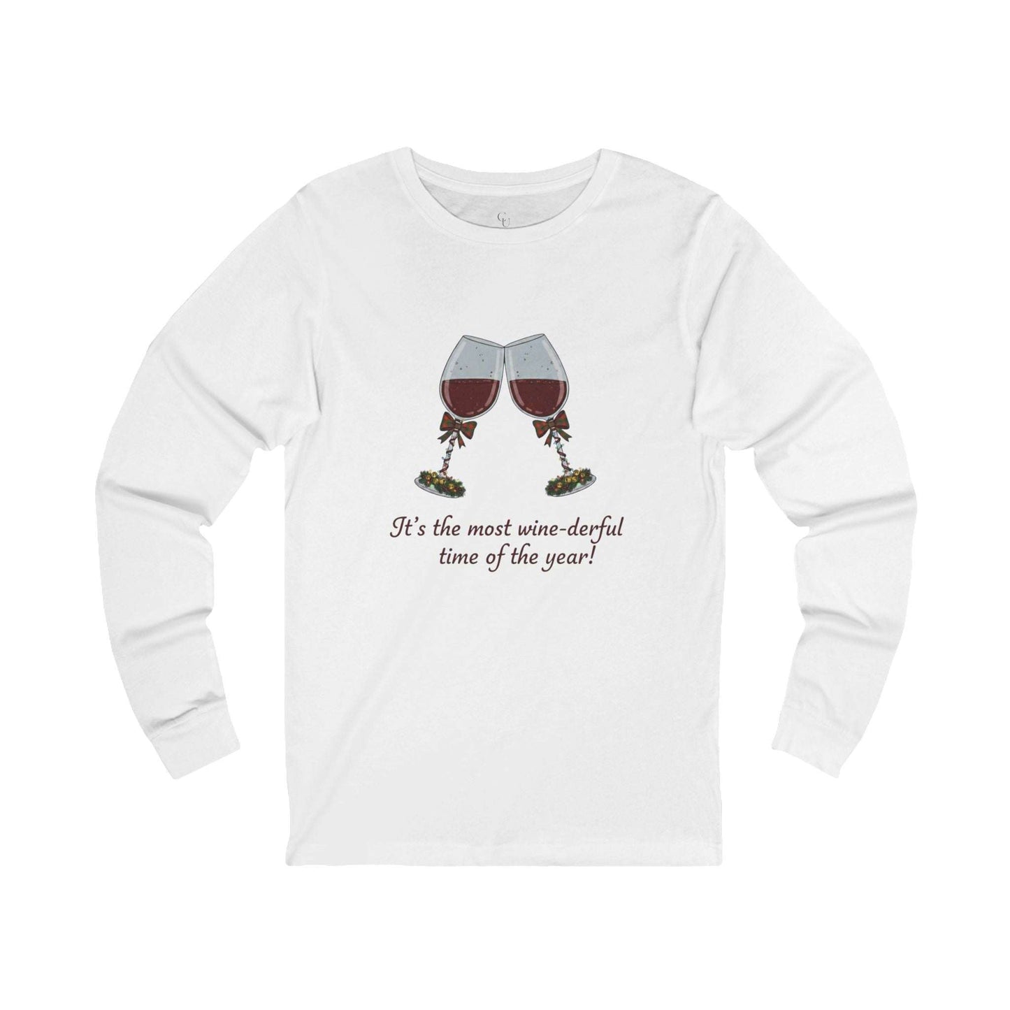 Women’s “Wine-derful Time of the Year” Long Sleeve featuring clinking wine glasses and festive text, ideal for holiday parties and wine lovers.