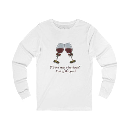 Women’s “Wine-derful Time of the Year” Long Sleeve featuring clinking wine glasses and festive text, ideal for holiday parties and wine lovers.