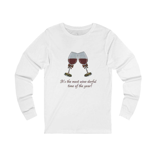 Women’s “Wine-derful Time of the Year” Long Sleeve featuring clinking wine glasses and festive text, ideal for holiday parties and wine lovers.