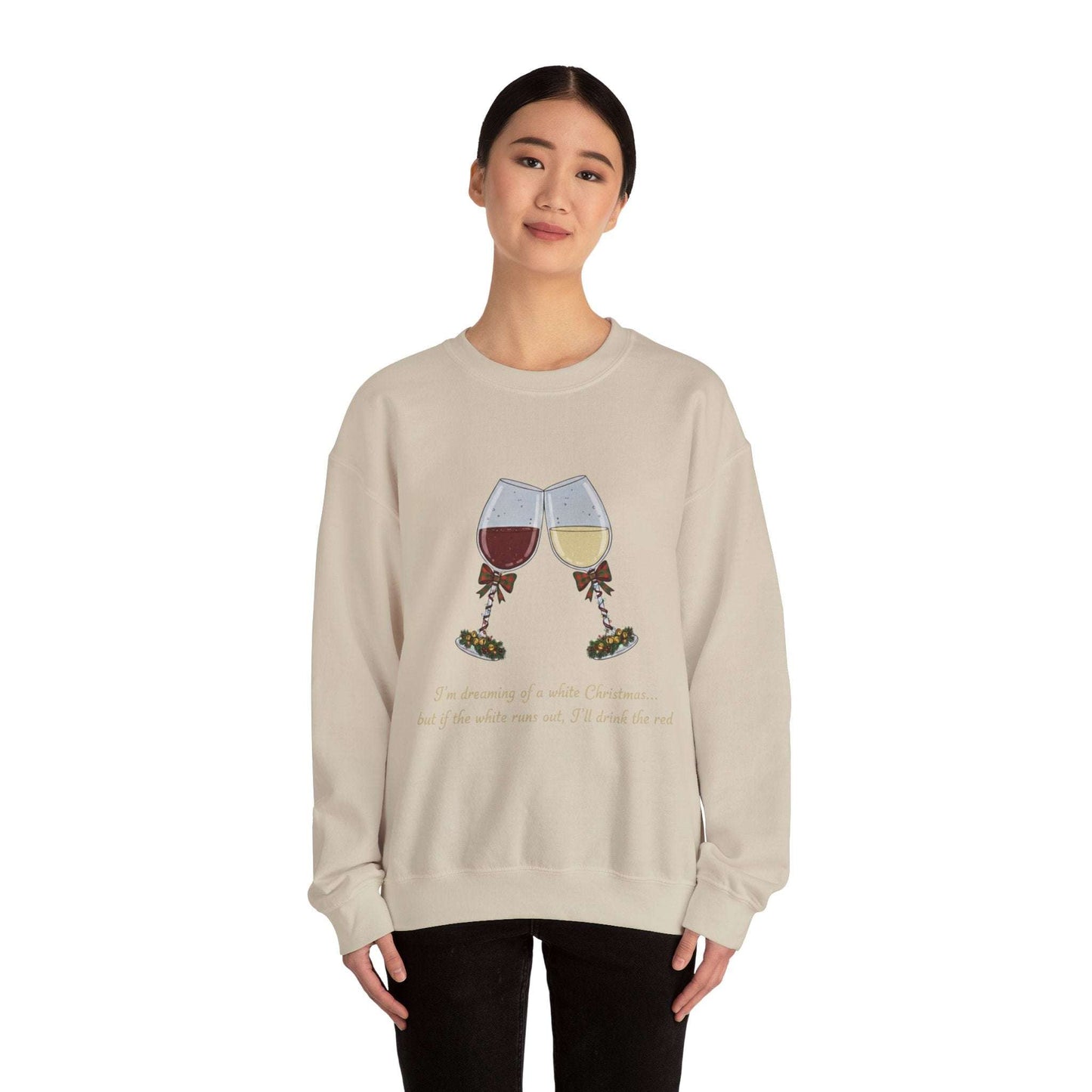 Women’s Christmas Wine Sweatshirt featuring embroidered wine glasses with holly, perfect for holiday toasts and cozy winter fashion.