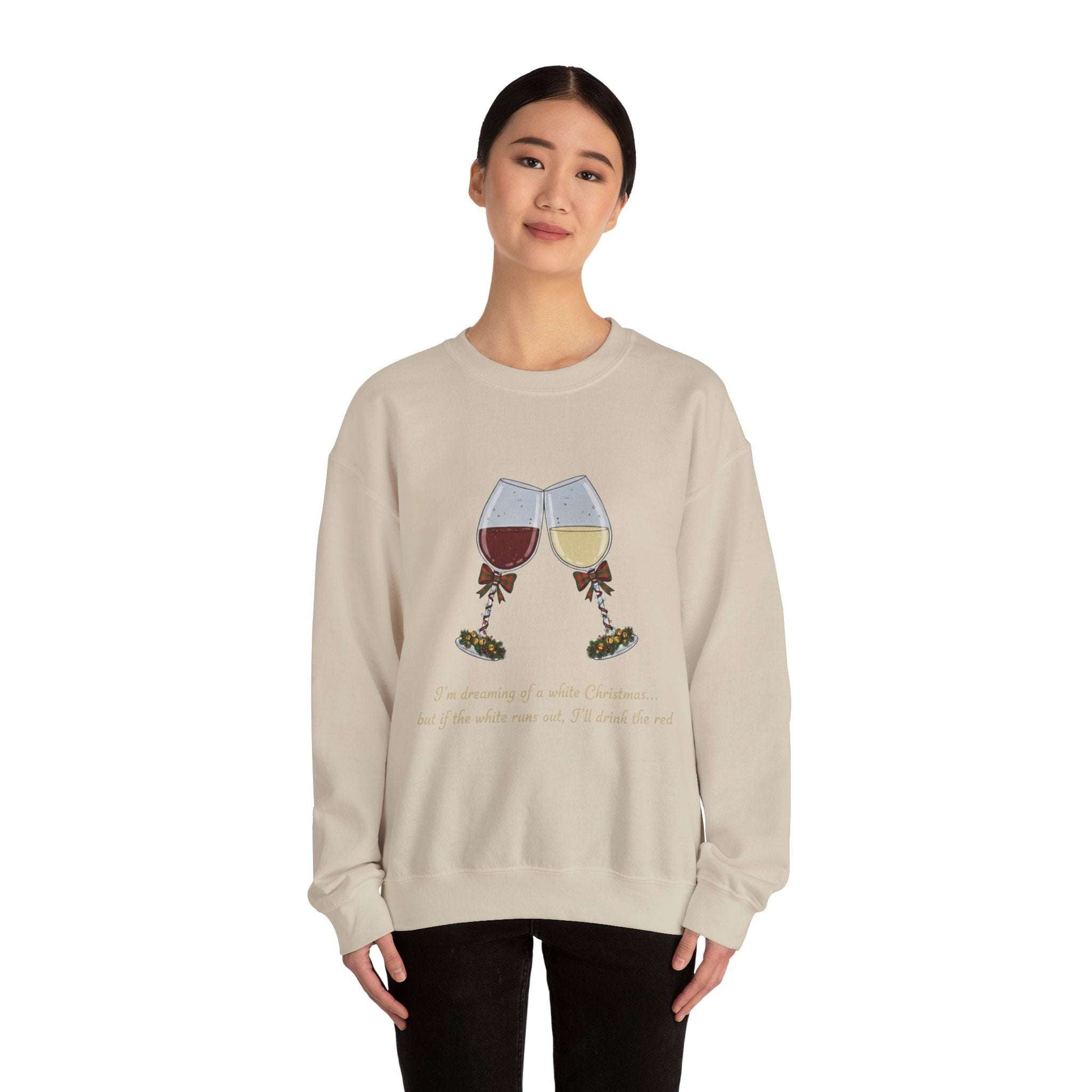 Women’s Christmas Wine Sweatshirt featuring embroidered wine glasses with holly, perfect for holiday toasts and cozy winter fashion.