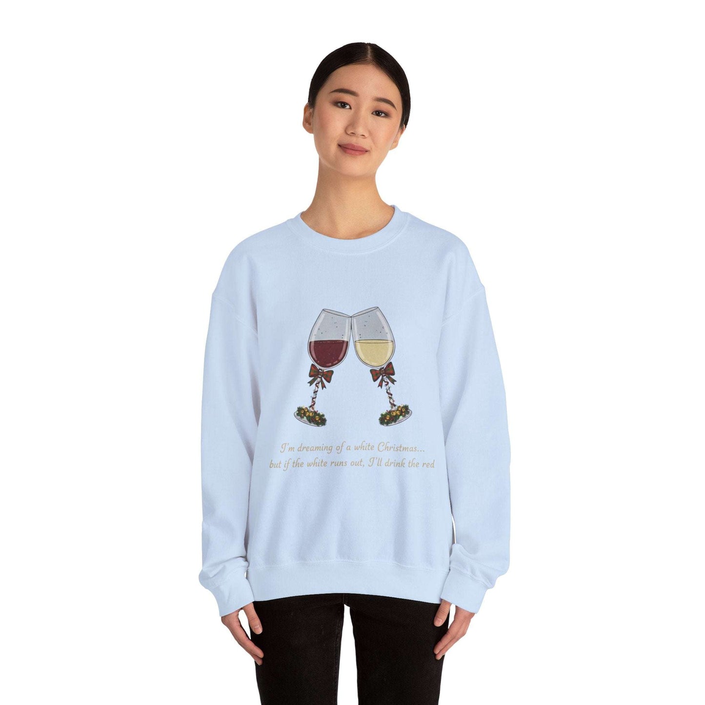 Women’s Christmas Wine Sweatshirt - Holiday Toast | Cozy Crewneck featuring embroidered red and white wine glasses with mistletoe on light blue fabric.