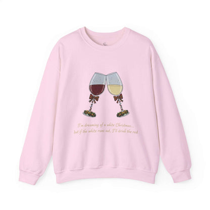 Women’s Christmas Wine Sweatshirt - Holiday Toast in light pink with embroidered red and white wine glasses and festive quote. Cozy crewneck for winter wear.