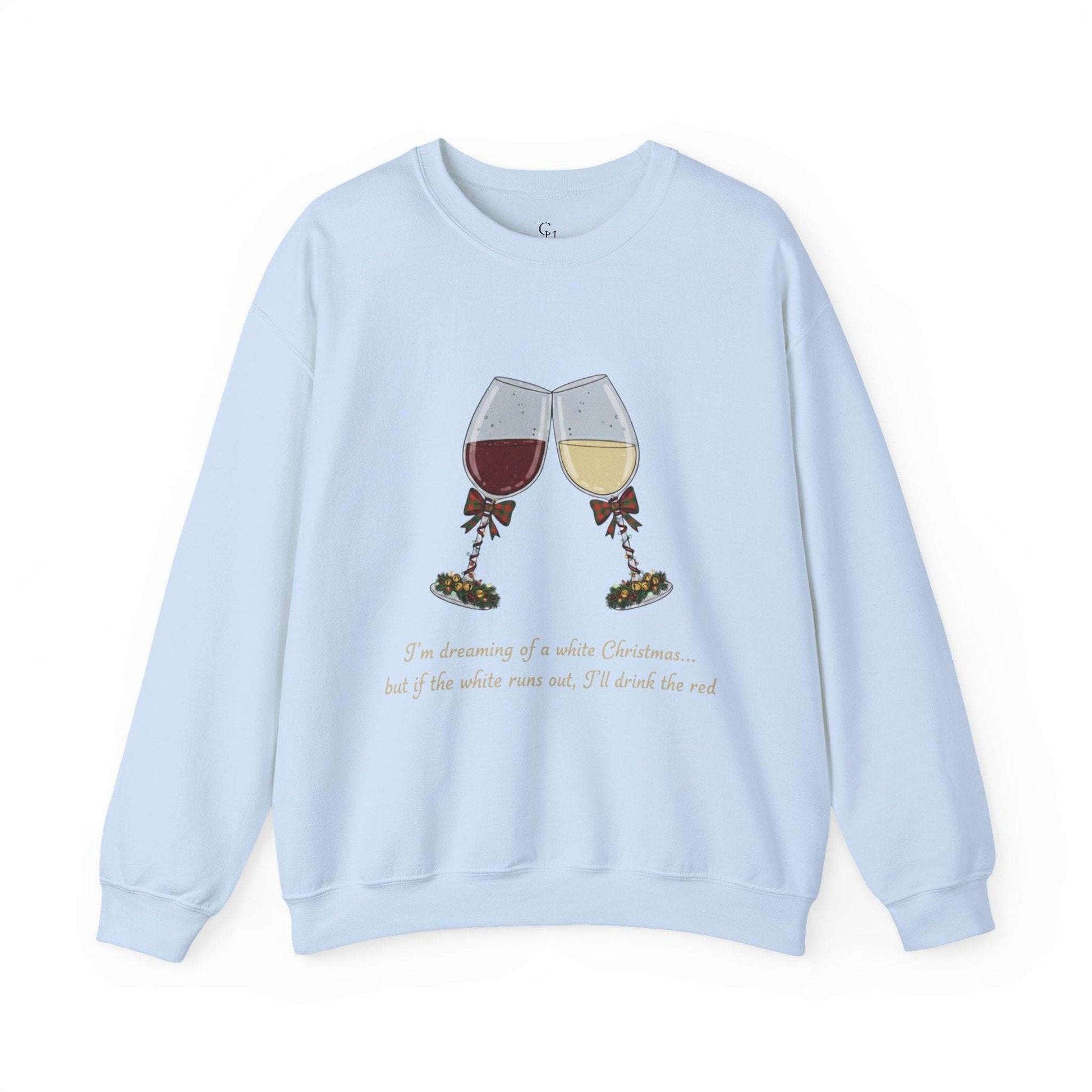 Women’s Christmas Wine Sweatshirt - Holiday Toast design featuring red and white wine glasses with festive bows on a light blue cozy crewneck.