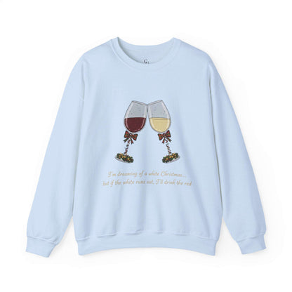 Women’s Christmas Wine Sweatshirt - Holiday Toast design featuring red and white wine glasses with festive bows on a light blue cozy crewneck.