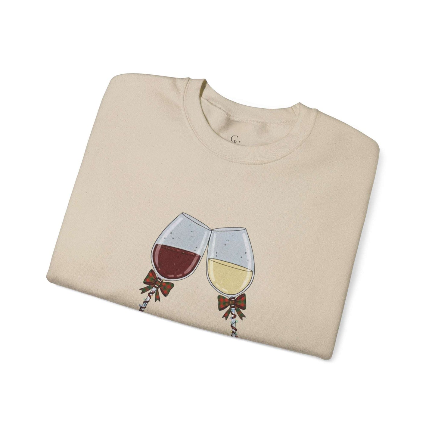 Women’s Christmas Wine Sweatshirt - Holiday Toast | Cozy Crewneck featuring red and white wine glasses with festive bows, folded neatly for display.
