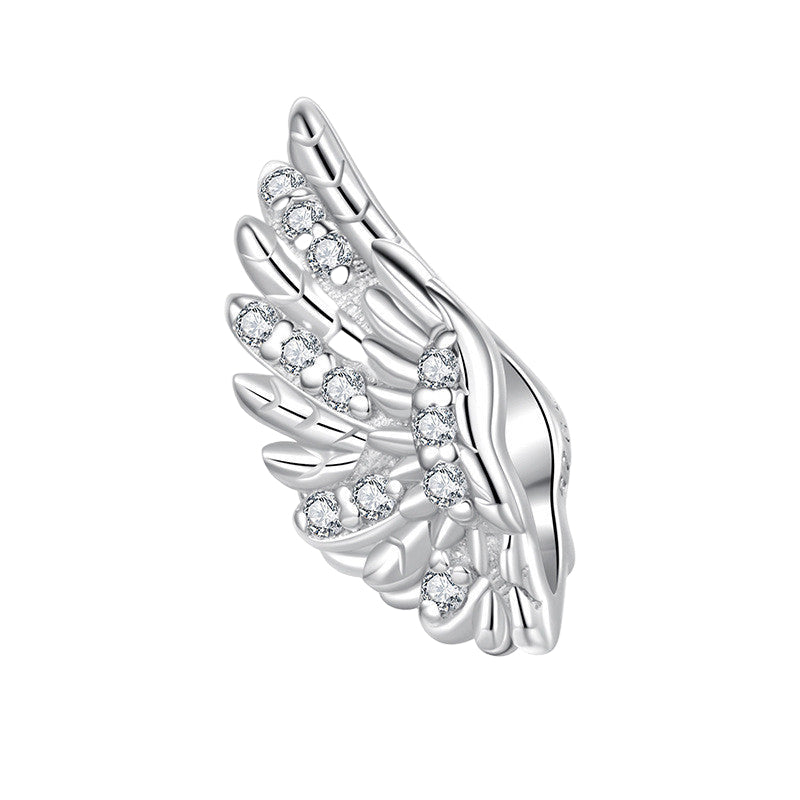 Silver angel wing charm with clear stones on a white background, featuring 'Real Sterling Silver 925' stamp.