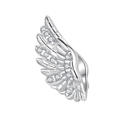 Silver angel wing charm with clear stones on a white background, featuring 'Real Sterling Silver 925' stamp.