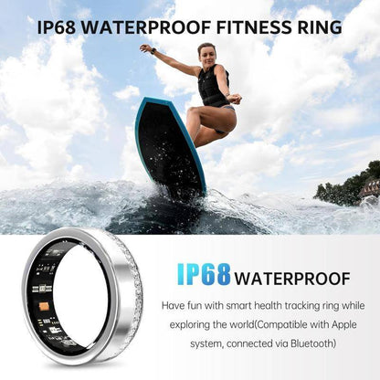 2025 Fitness & Health Tracking Smart Ring for Women shown in silver with embedded sensors, IP68 waterproof for active lifestyles like surfing.
