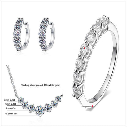 Moissanite Jewellery Set-Sterling Silver Set with brilliant clear stones, featuring necklace, earrings, and ring. Classic sparkle for timeless elegance.