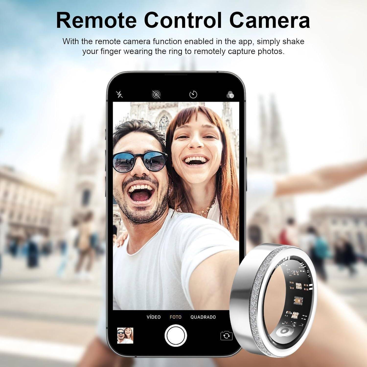 2025 Fitness & Health Tracking Smart Ring for Women shown controlling a smartphone camera remotely. Sleek silver design with wellness sensors.