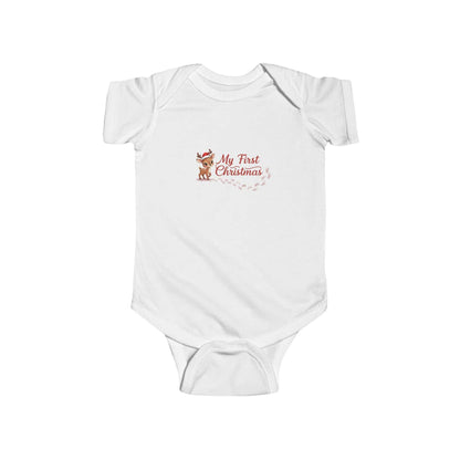 Infant Bodysuit - My First Christmas design on front with reindeer graphic, soft white baby one-piece ideal for holiday celebrations.