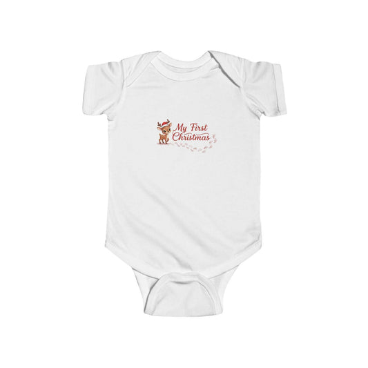 Infant Bodysuit - My First Christmas design on front with reindeer graphic, soft white baby one-piece ideal for holiday celebrations.