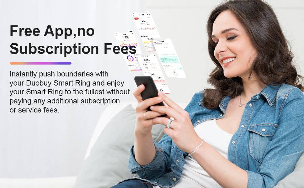 Woman using 2025 Fitness & Health Tracking Smart Ring for Women while checking wellness insights on smartphone app. Fitness Tracking Smart Ring - 2025 Women Health | Wellness Insights with no subscription fees.