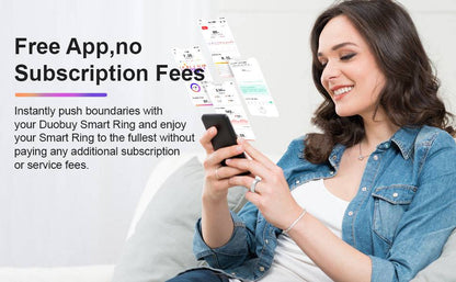 Woman using 2025 Fitness & Health Tracking Smart Ring for Women while checking wellness insights on smartphone app. Fitness Tracking Smart Ring - 2025 Women Health | Wellness Insights with no subscription fees.