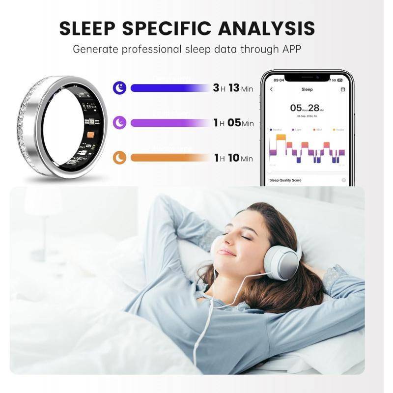 2025 Fitness Tracking Smart Ring for Women displays sleep analysis data on a smartphone app, showing deep, light, and REM sleep durations.