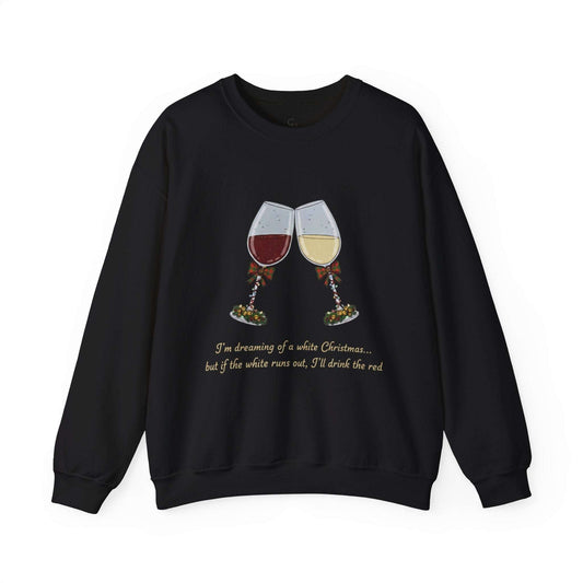 Women’s Christmas Wine Sweatshirt - Holiday Toast | Cozy Crewneck featuring embroidered red and white wine glasses with festive floral stems and holiday quote.