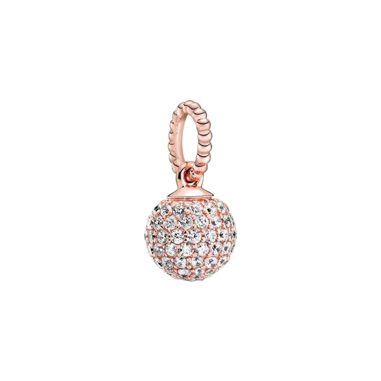 Rose gold charm with clear gemstones on a white background