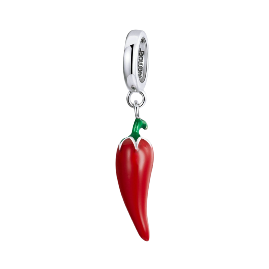 Red chili pepper charm with green stem on a white background