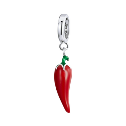 Red chili pepper charm with green stem on a white background
