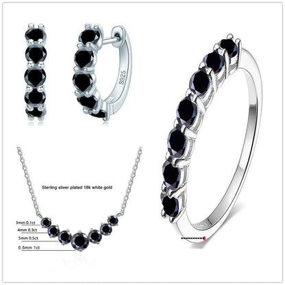 Moissanite Jewellery Set-Sterling Silver Set with black stones, includes necklace, earrings, and ring. Bold and elegant for evening outfits.