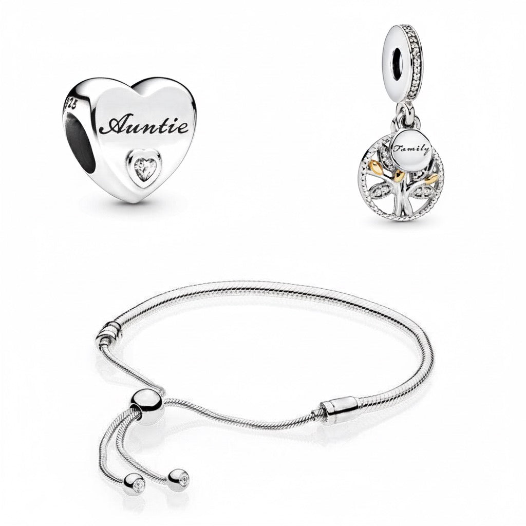 Perfect Gift Set for Her - Ultimate Love | Gift Bundle featuring a silver heart 'Auntie' charm, family tree pendant, and adjustable bracelet.