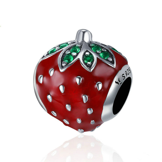 Strawberry Charm crafted from 925 sterling silver with red enamel and green crystal accents, adding a fresh summer touch to any jewelry collection.