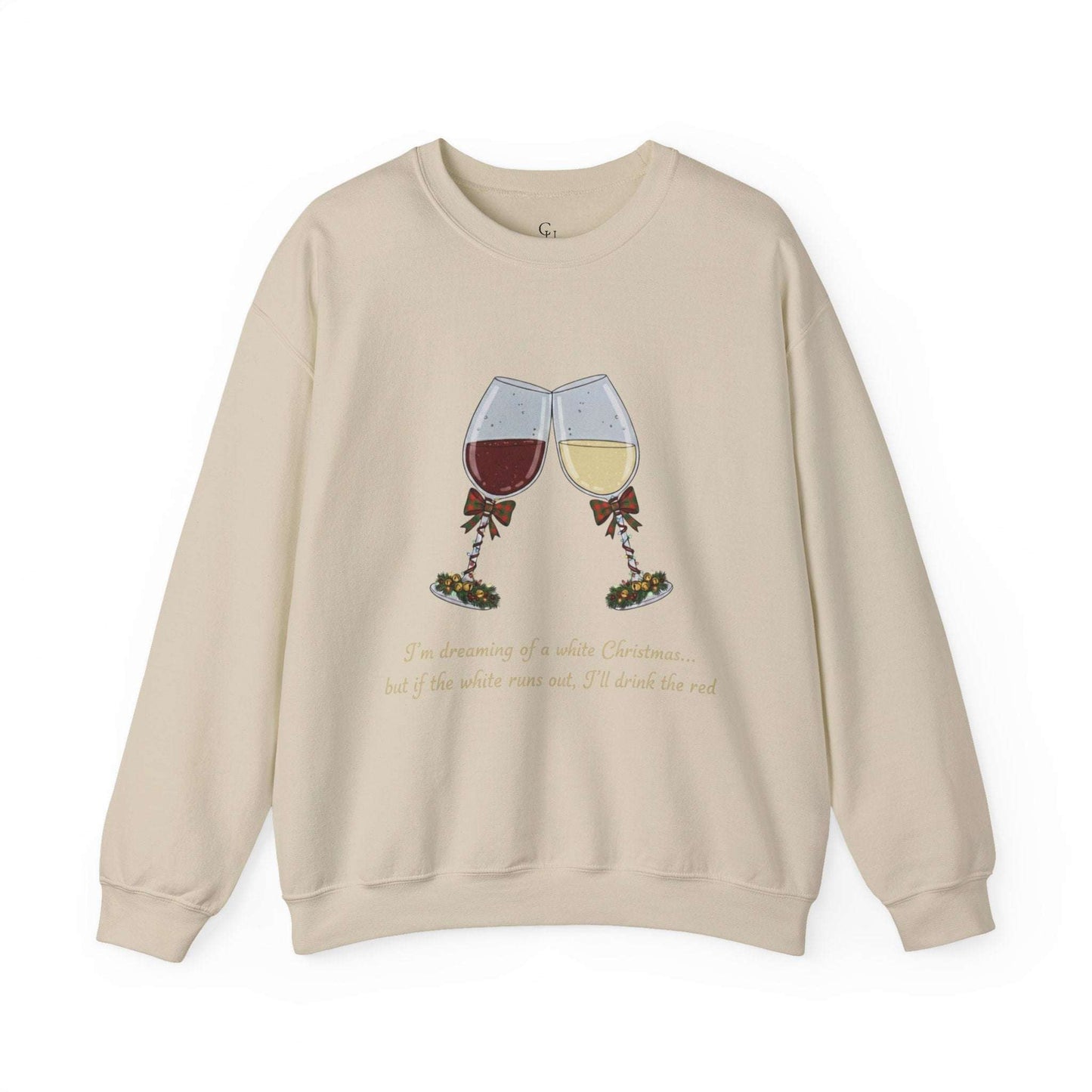 Women’s Christmas Wine Sweatshirt - Holiday Toast | Cozy Crewneck featuring embroidered red and white wine glasses with festive bows and holiday quote.