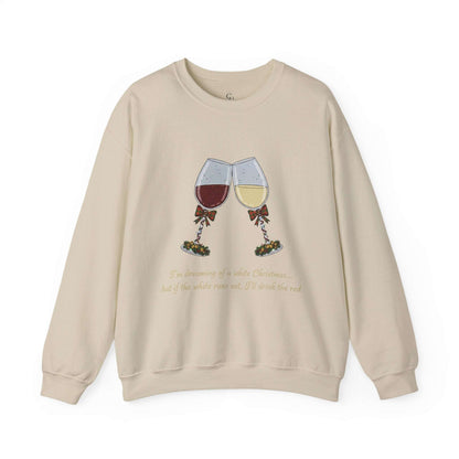 Women’s Christmas Wine Sweatshirt - Holiday Toast | Cozy Crewneck featuring embroidered red and white wine glasses with festive bows and holiday quote.