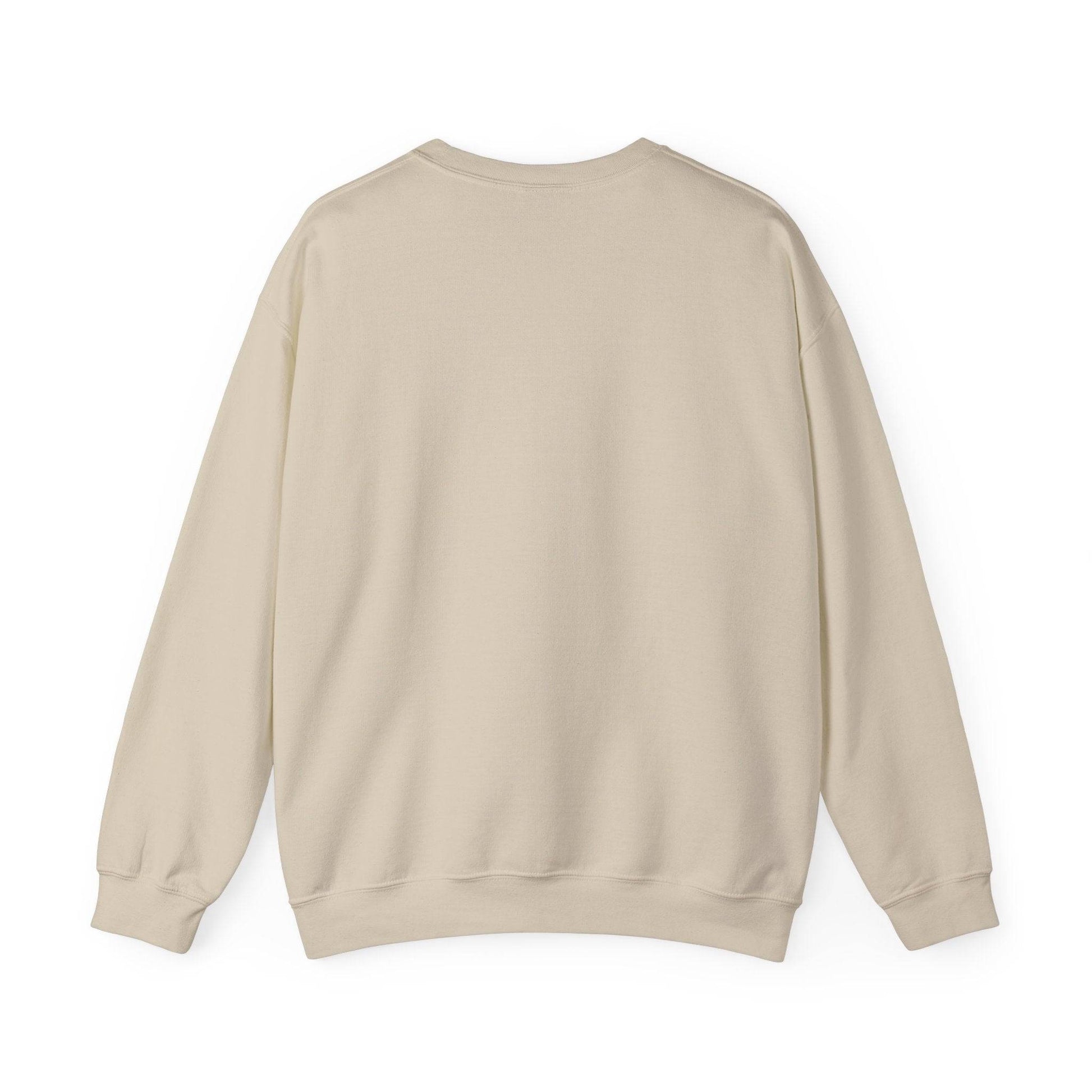 Back view of His/Hers Newlyweds Sweatshirt in beige, unisex crewneck with durable 50/50 cotton-poly blend, ideal for cozy holiday wear.