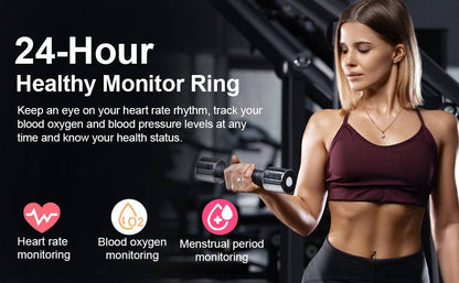 2025 Fitness Tracking Smart Ring for Women shown on a woman lifting weights, highlighting heart rate, blood oxygen, and menstrual monitoring features. Ideal for health-conscious users seeking wellness insights via wearable tech.