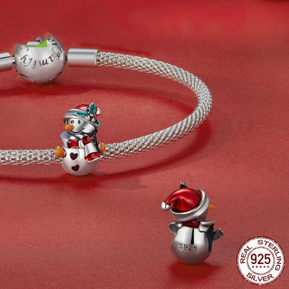 Snowman Charm - Festive Winter Collection | Christmas Jewelry featuring a sterling silver snowman with red heart and Santa hat, perfect for holiday bracelets.