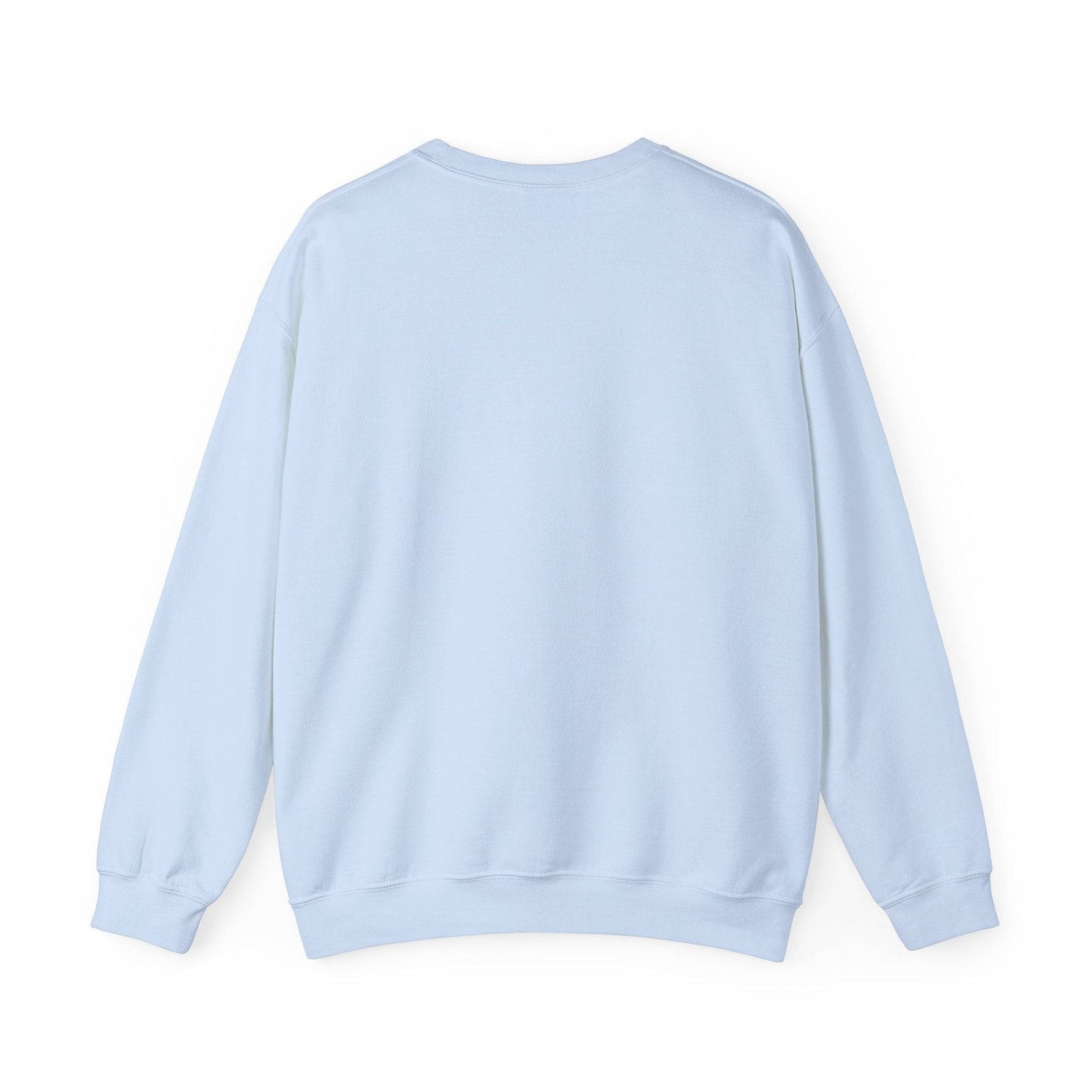 Back view of Women’s Sweatshirt - “Bake it ‘til you make it” in light blue, showcasing relaxed fit and soft fabric for cozy, casual wear.