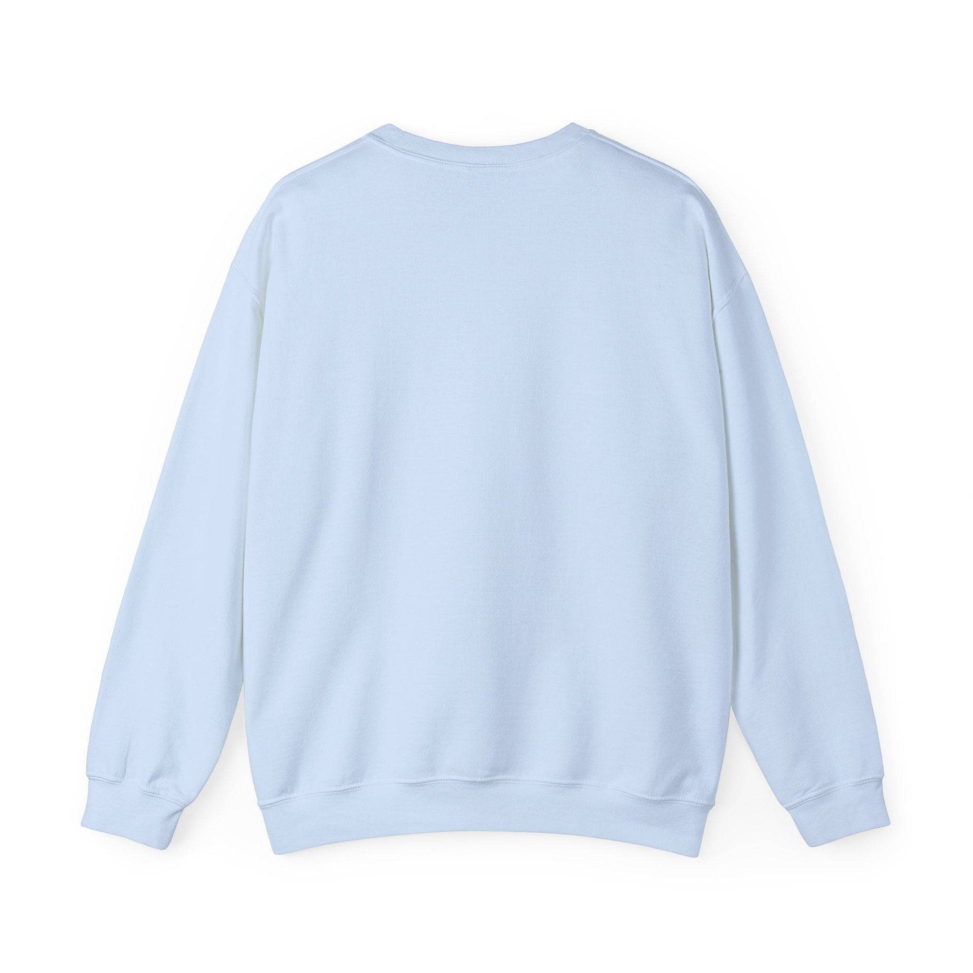 Back view of Women’s Sweatshirt - “Bake it ‘til you make it” in light blue, showcasing relaxed fit and soft fabric for cozy, casual wear.