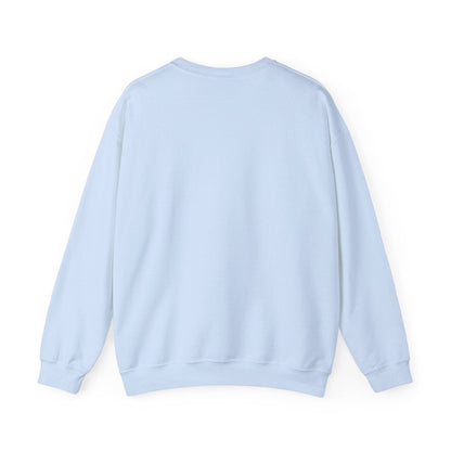 Back view of Women’s Sweatshirt - “Bake it ‘til you make it” in light blue, showcasing relaxed fit and soft fabric for cozy, casual wear.