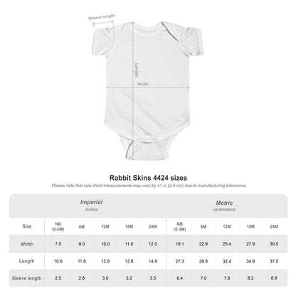 Size chart for Rabbit Skins 4424 Infant Bodysuit - My First Christmas, showing measurements in inches and centimeters for newborn to 24M.