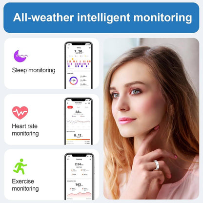 2025 Fitness & Health Tracking Smart Ring for Women shown on a model's finger, highlighting sleep, heart rate, and exercise monitoring features. Fitness Tracking Smart Ring - 2025 Women Health | Wellness Insights with app-based wellness data display.