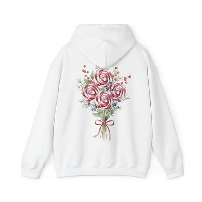 White hoodie with a floral design on the back against a white background