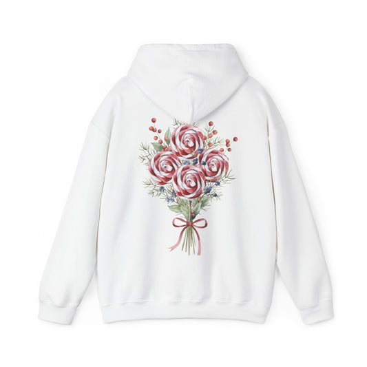 White hoodie with a floral design on the back against a white background