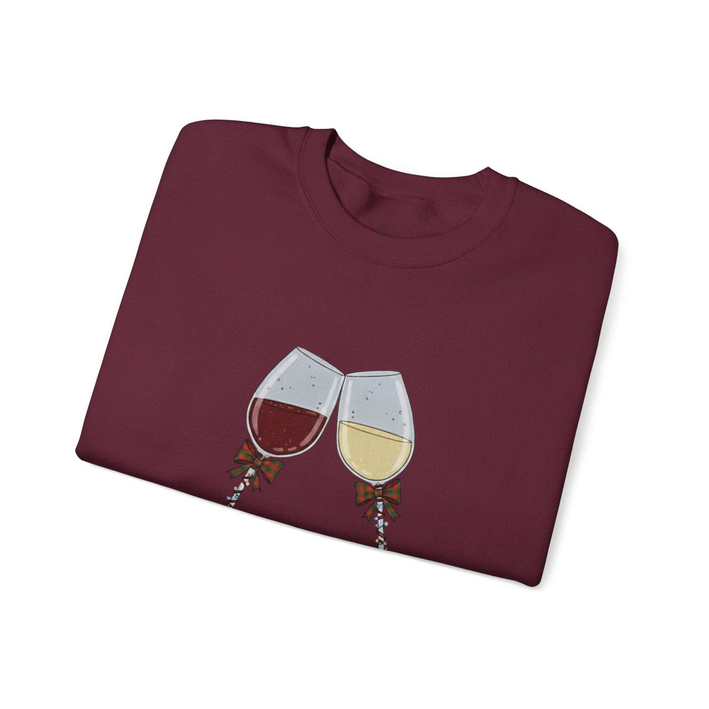 Women’s Christmas Wine Sweatshirt - Holiday Toast design featuring red and white wine glasses clinking with festive ribbons on a maroon crewneck.