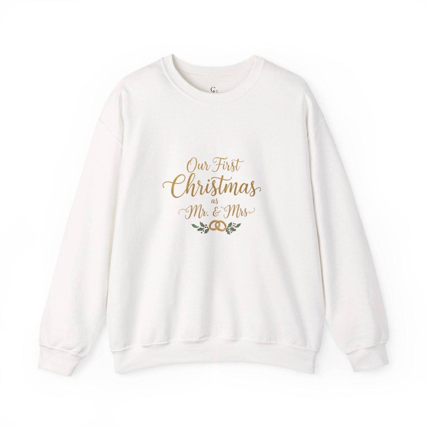 His/Hers Newlyweds Sweatshirt with 'Our First Christmas as Mr. & Mrs.' gold embroidery, perfect holiday apparel for couples and wine lovers.
