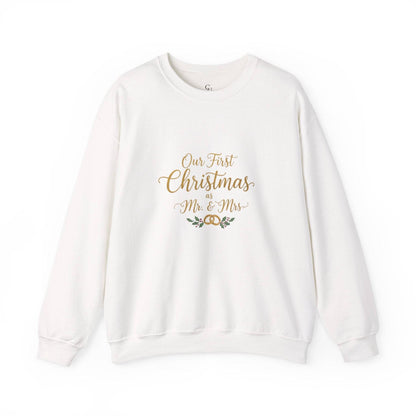 His/Hers Newlyweds Sweatshirt with 'Our First Christmas as Mr. & Mrs.' gold embroidery, perfect holiday apparel for couples and wine lovers.