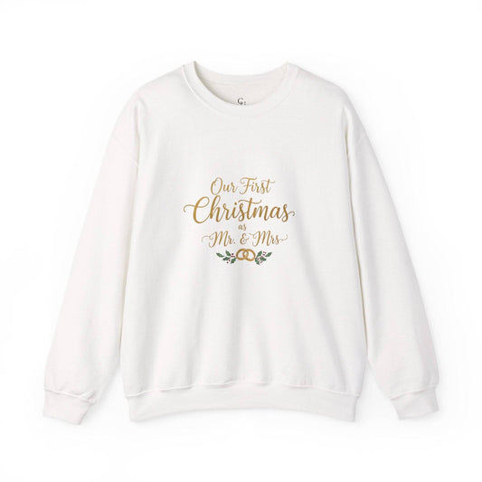 His/Hers Newlyweds Sweatshirt with 'Our First Christmas as Mr. & Mrs.' gold embroidery, perfect holiday apparel for couples and wine lovers.