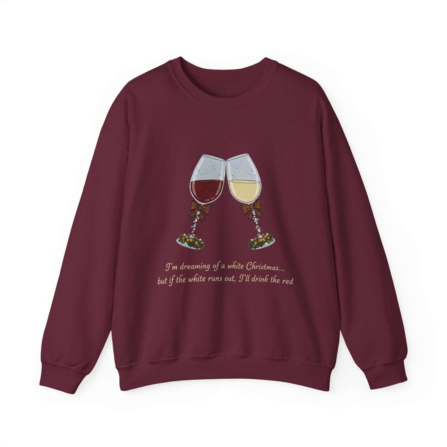 Women’s Christmas Wine Sweatshirt - Holiday Toast | Cozy Crewneck in burgundy with embroidered red and white wine glasses clinking. Features festive quote for wine lovers.