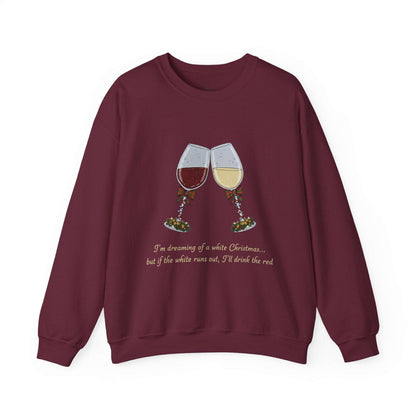 Women’s Christmas Wine Sweatshirt - Holiday Toast | Cozy Crewneck in burgundy with embroidered red and white wine glasses clinking. Features festive quote for wine lovers.