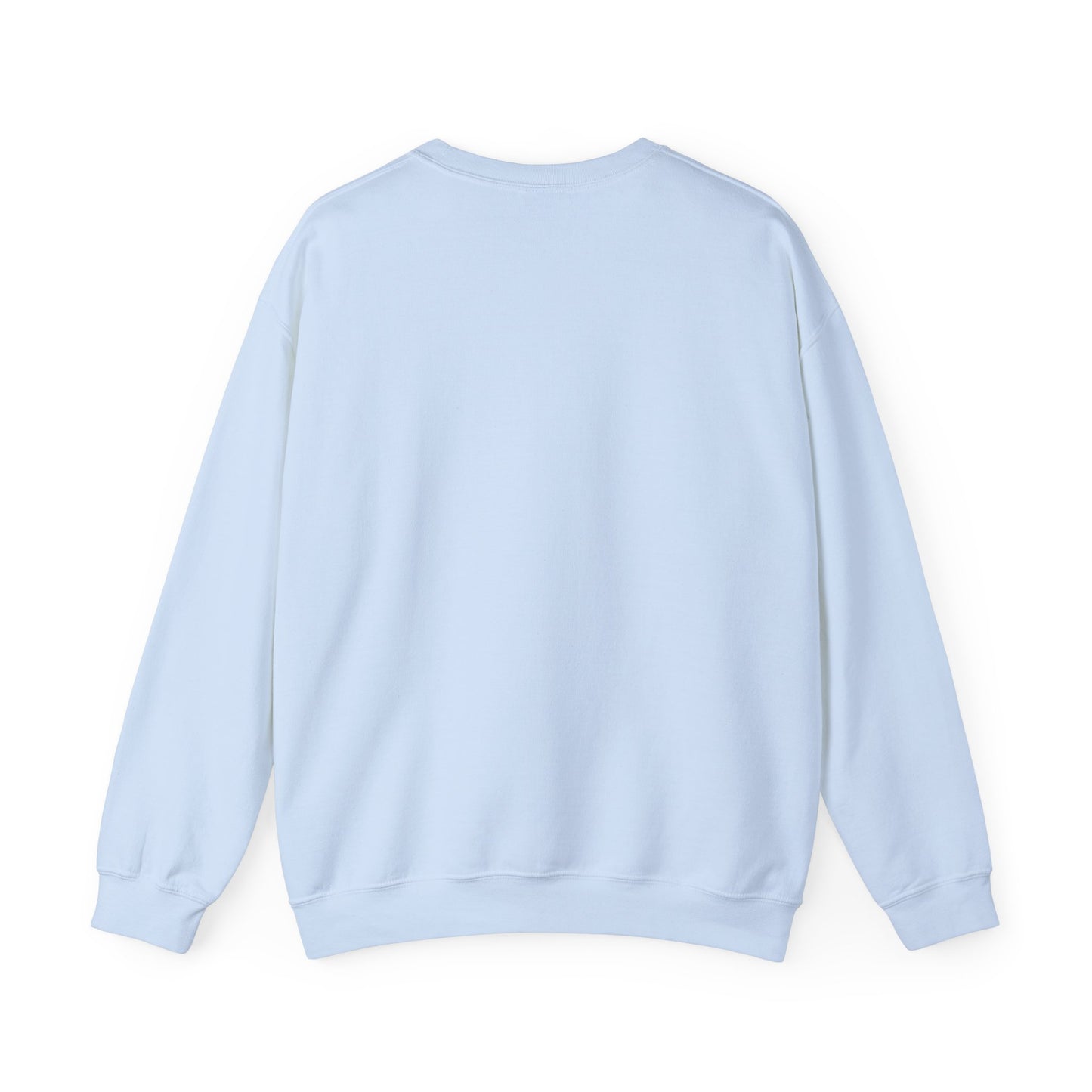 Back view of His/Hers Newlyweds Sweatshirt in light blue, unisex crewneck style with durable 50/50 cotton-poly blend for cozy winter wear.