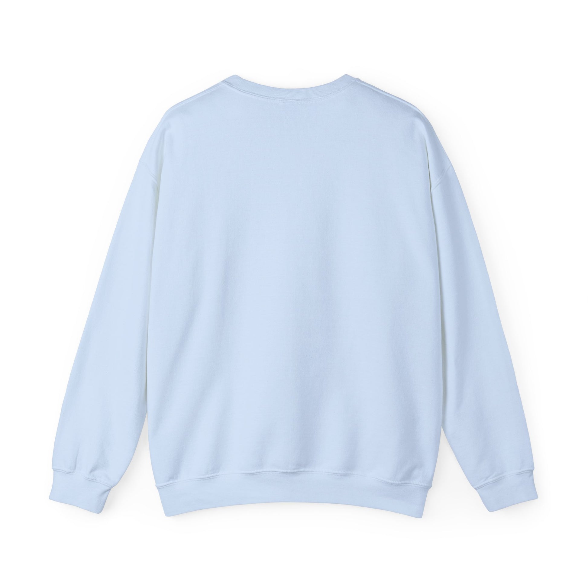 Back view of His/Hers Newlyweds Sweatshirt in light blue, unisex crewneck style with durable 50/50 cotton-poly blend for cozy winter wear.